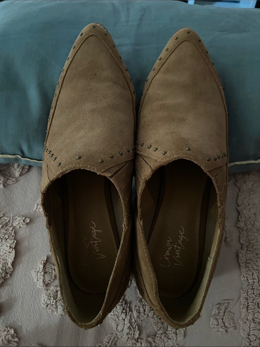 Crown Vintage Tan Suede Pointed Toe Studded Slip-Ons